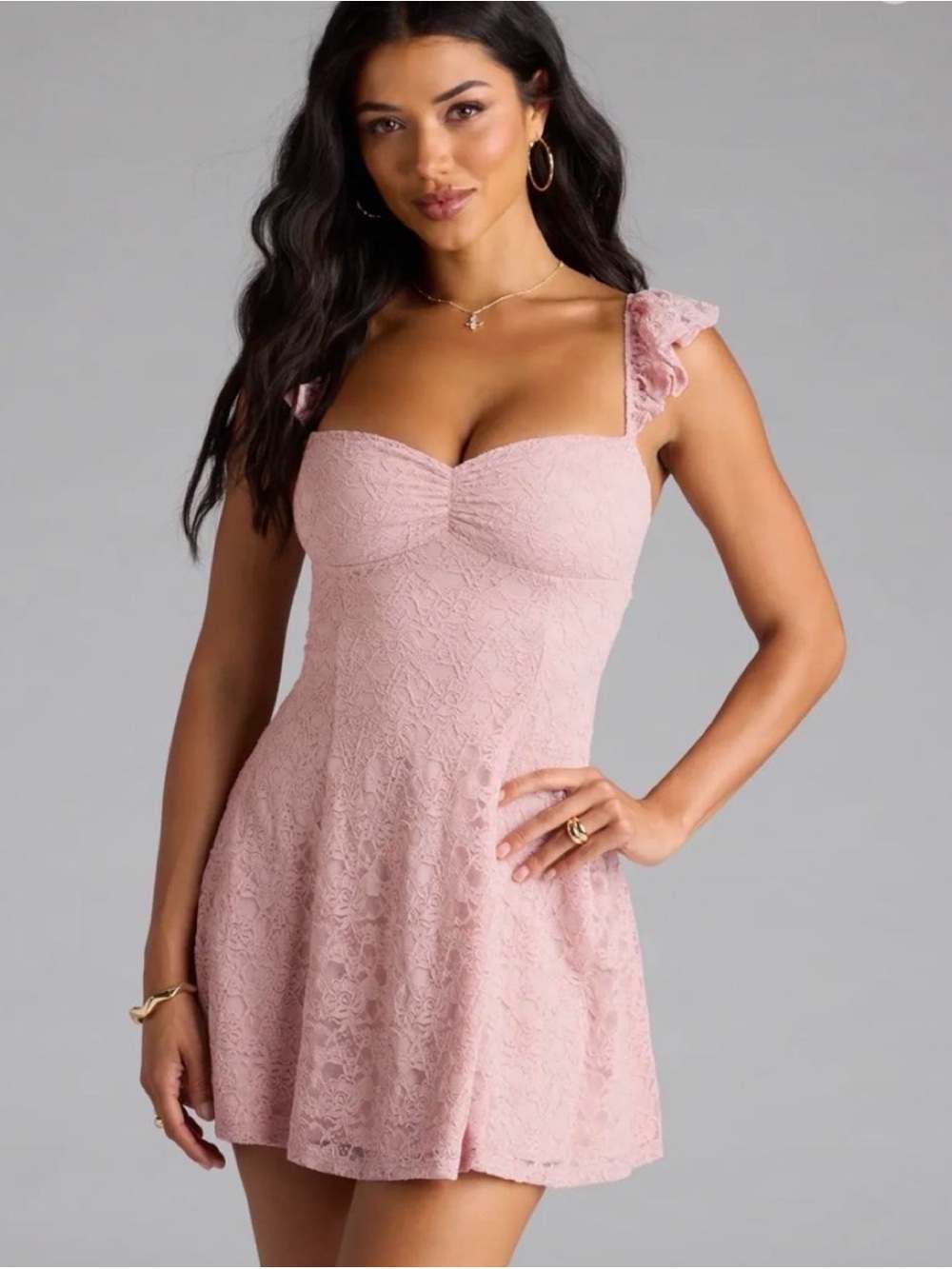 Windsor Pink lace sweetheart neckline flare dress